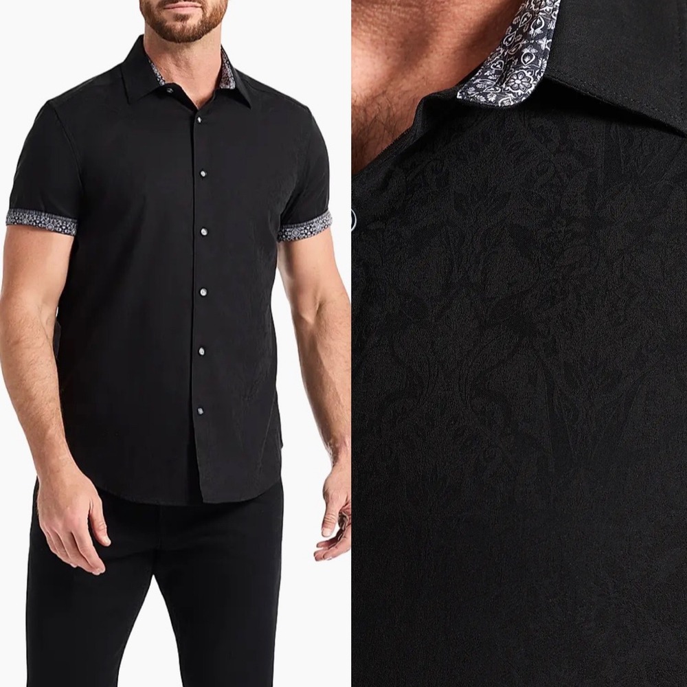 Robert Graham Black Jacquard Highland Damask Short Sleeve Button Down Shirt- 2XL